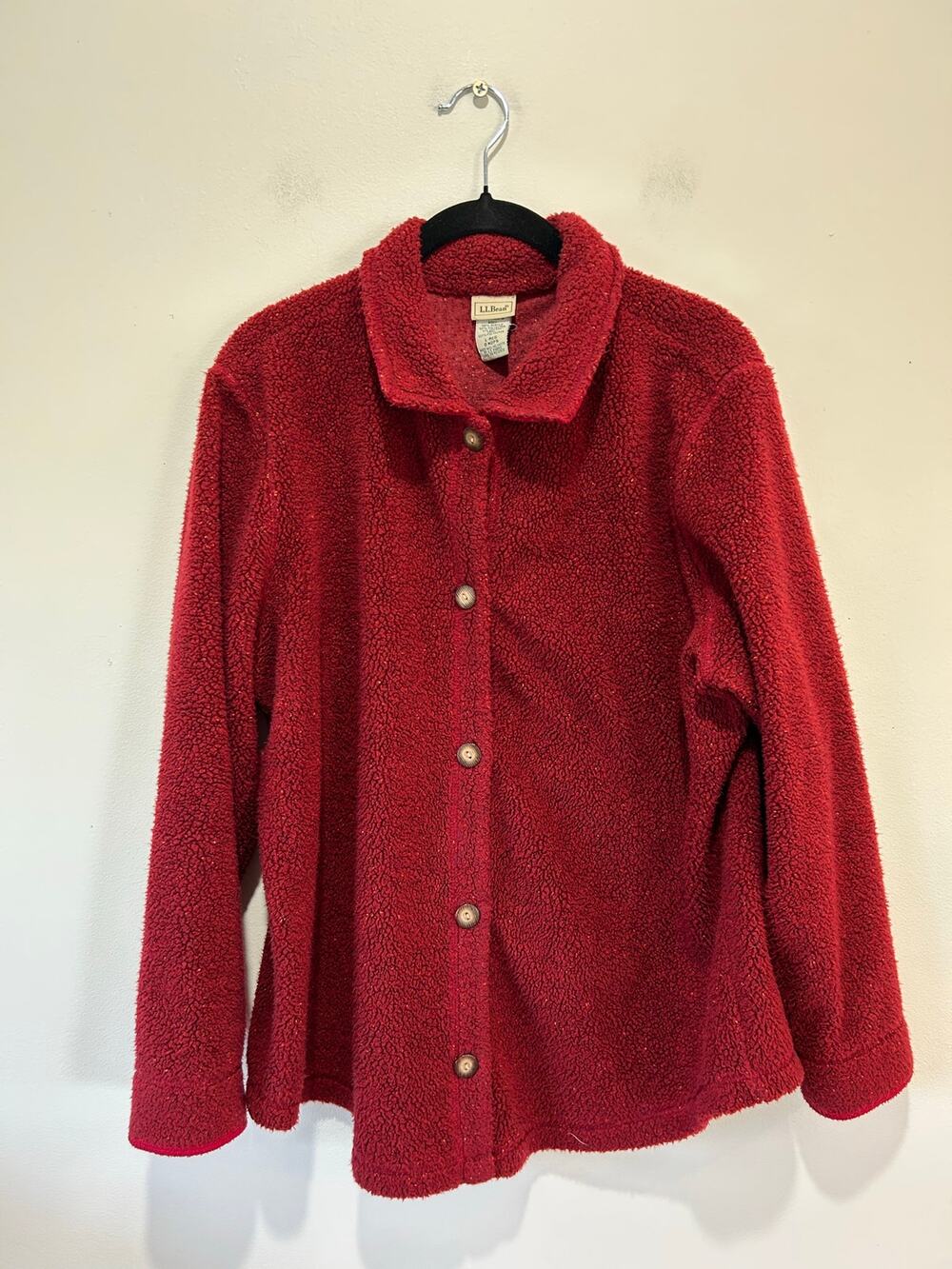 Vintage L.L. Bean red fleece shacket womens L button down teddy cozy outdoors